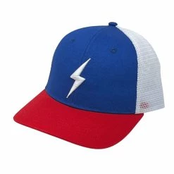 BRUCE BOLT 6-Panel SIGNATURE Series Mesh Snapback Trucker Hat - BLUE W/ WHITE BOLT