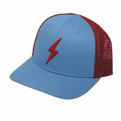 BRUCE BOLT 6-Panel SIGNATURE Series Mesh Snapback Trucker Hat - LIGHT BLUE W/ RED BOLT