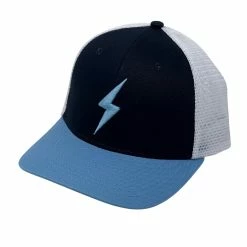 BRUCE BOLT 6-Panel SIGNATURE Series Mesh Snapback Trucker Hat -NAVY W/ LIGHT BLUE BOLT