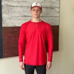 BRUCE BOLT Long Sleeve Performance T-Shirt With Reflective Bolt- RED -APPAREL Sales Store bruce bolt long sleeve performance t shirt with reflective bolt red bruce bolt 826359